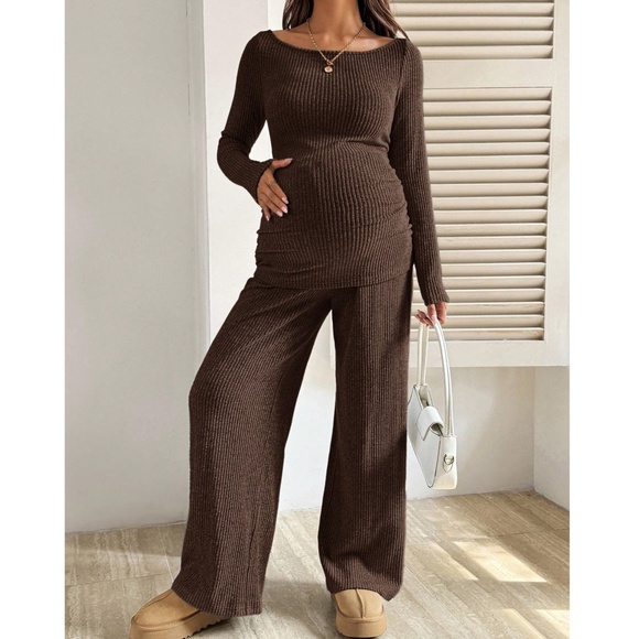 Maternity Wide Scoop Neck Ribbed Long Sleeve Top Wide Leg Pants Set - Picture 13 of 14
